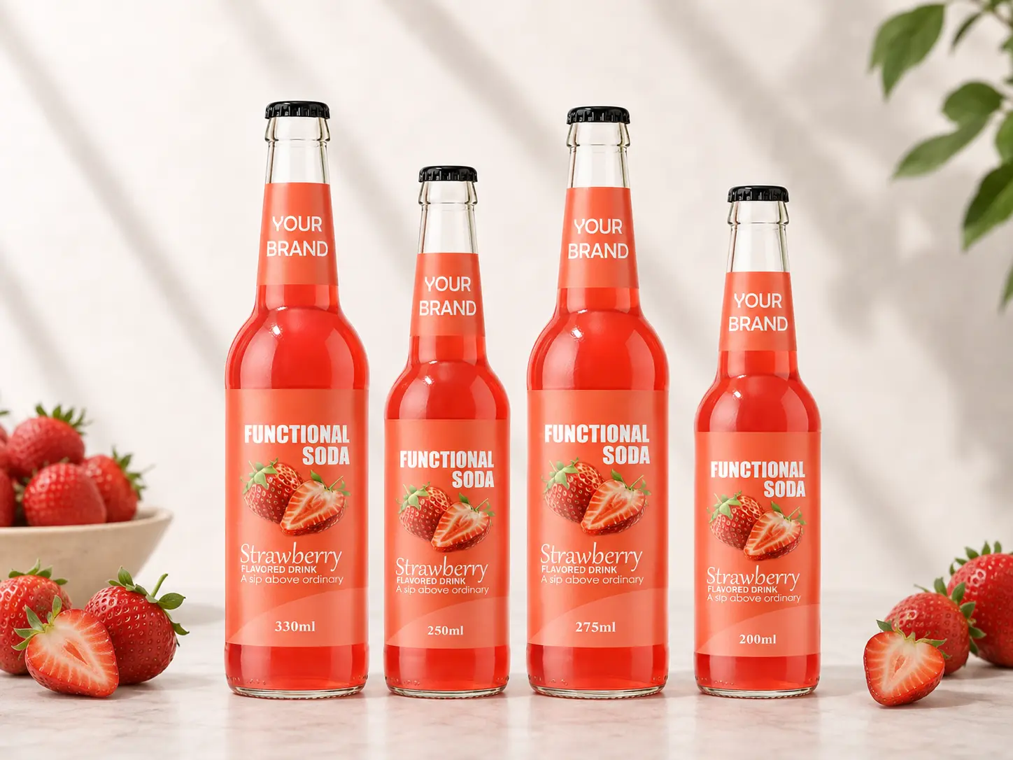 FUNCTIONAL SODA Strawberry Flavored Drink in 200ml, 250ml, 275ml and 330ml glass bottles.
